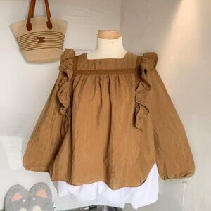 Camel Ruffle Off Shoulder Blouse Top